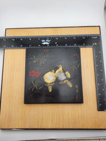 Japanese Wajimaya Lacquerware Asian Art Plaque Birds On Branch Painted Tile Vtg