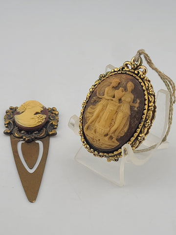 Rare Antique 19th C Victorian Glass Cameo Locket & Hair Pin Gilt Brass Classical