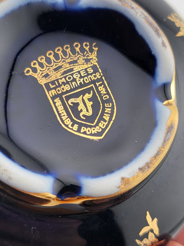 Set Of 3 Limoges Castel France Cobalt Blue 22 Karat Gold Pieces Courting Couple.