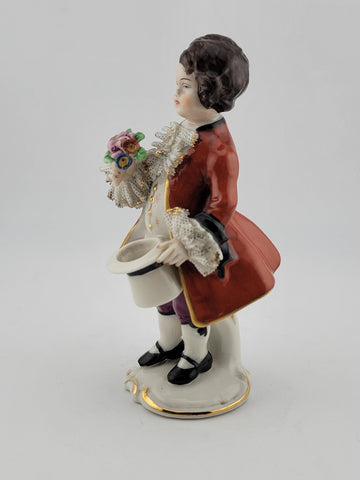 Antique Frankenimal Dresden Porcelain Figurine Boy With Top Hat & Flowers.