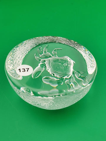 Rare Set Of 2 Mats Jonasson Owl And Crab MJ Sweden Art Glass Paperweights