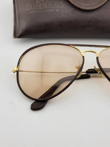 RARE VINTAGE RAY BAN LEATHERS AVIATOR TOBACCO LEATHER 58' B&L SUNGLASSES