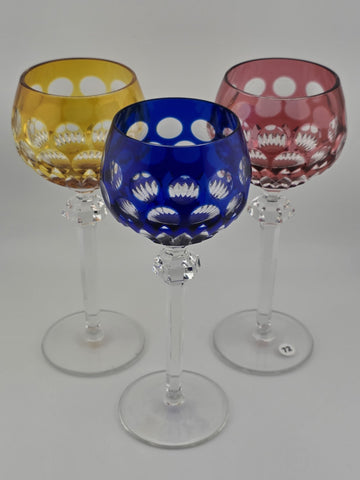 Rare Set Of 3 Vintage Barthmann Leaded Crystal Wine Cut-to-Clear Glasses.