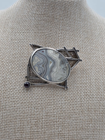 Vintage 925 Sterling Silver Banded Agate Garnet Artisan Brooch Pendant 27.9g