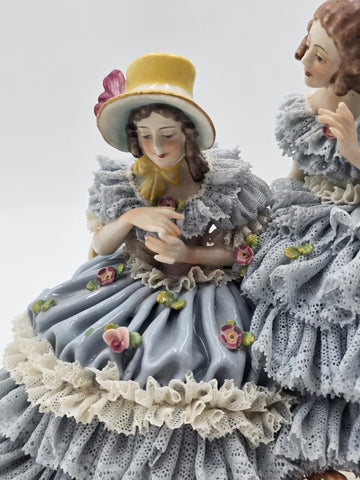Antique German Dresden Lace Porcelain Figurine Two Ladies On Bench Volkstedt