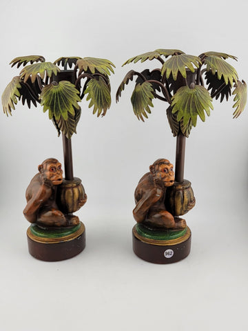 VTG Pr. PETITES CHOSES Monkey Palm Tree Hand Painted Metal TOLEWARE Candlesticks