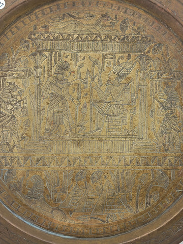 Antique Egyptian Brass Plate Detail Hand Etched Pharaoh and Egyptian Characters