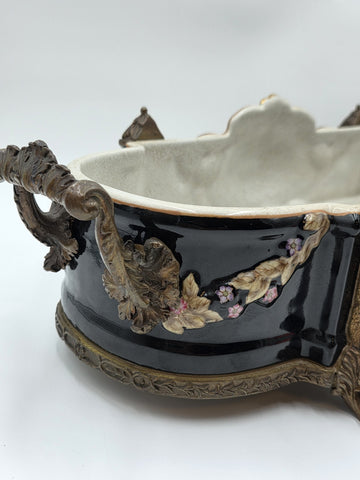 ANTIQUE XL CASTILIAN PORCELAIN BRONZE BOWL CENTERPIECE CLAWFOOT FLORAL VICTORIAN