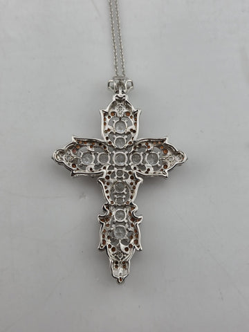Vintage Sterling Silver 925 Cross Pendant Red Clear CZ Ornate Gothic Necklace