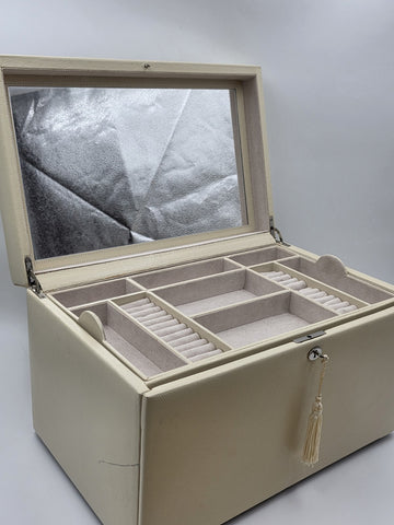 Vintage XL Pottery Barn 4 Level Jewelry Box Organizer Cream Case W Mirror & Key.