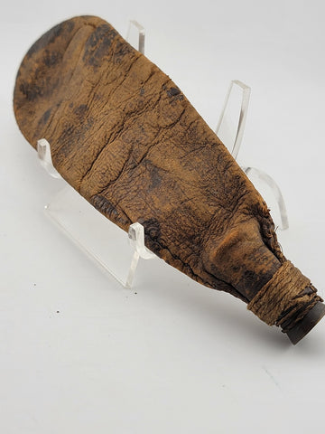 Antique 19th century leather shot black powder flask pouch tube Brass cap end