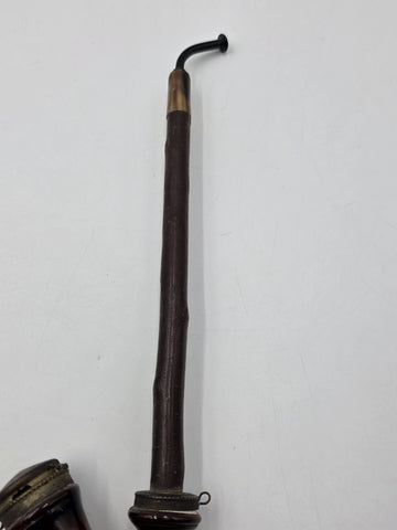 Antique C1890 German Figural Ceramic Tobacco Pipe Long Wood Stem Hinged Wind Cap