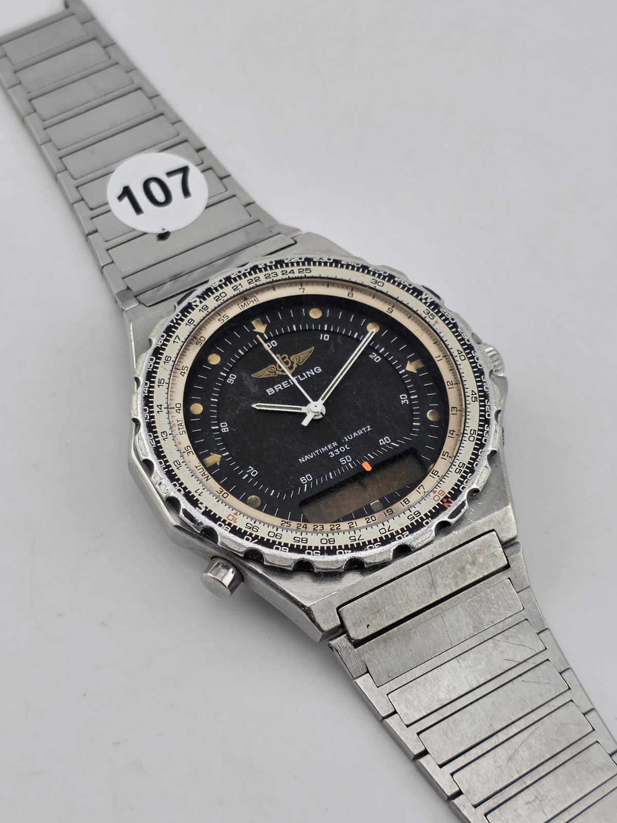 1987 42mm Breitling 80972 Jupiter Navitimer 3300 Quartz Watch. Untested. As-is.