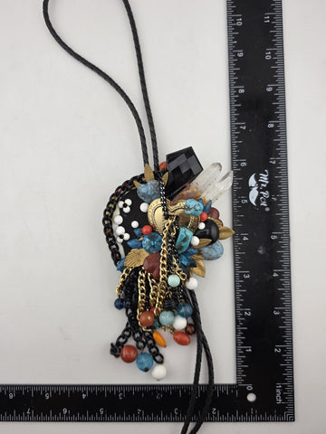 Vintage Large Boho Statement Bolo Necklace Brooch Turquoise Tassel Mixed Media