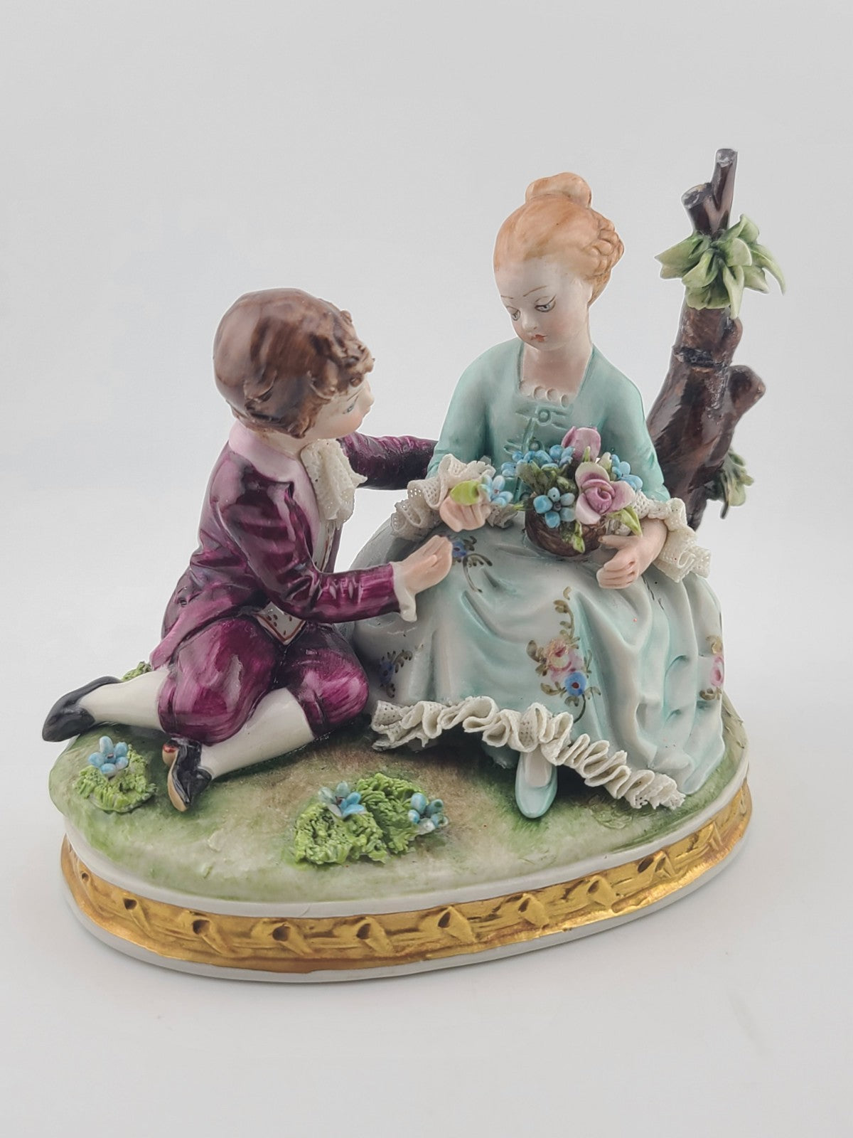 Antique Capodimonte Boy and Girl Porcelain Figurine Romantic Scene W 5”