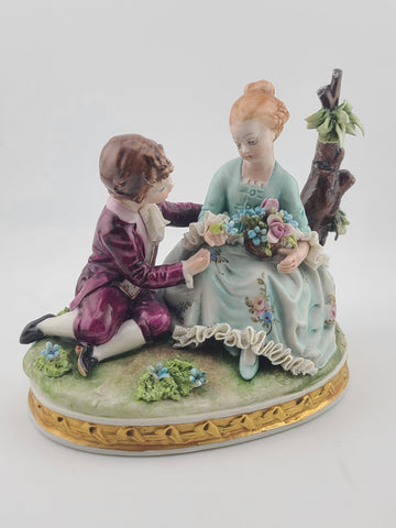 Antique Capodimonte Boy and Girl Porcelain Figurine Romantic Scene W 5”