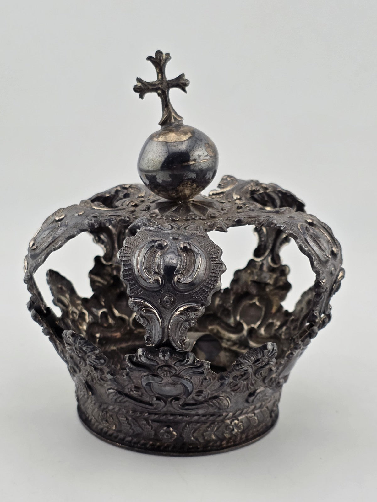Rare Antique Spanish Colonial Silver Santo Madonna Crown Rare Cross Orb 19th C