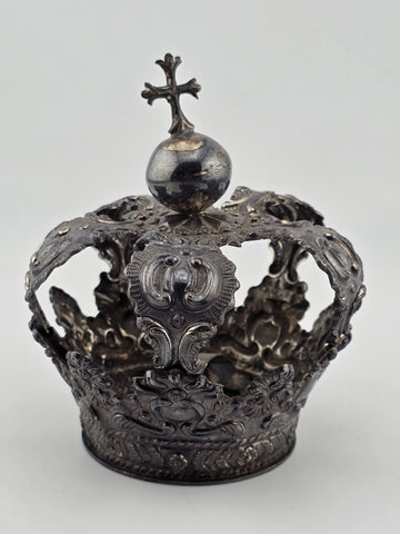 Rare Antique Spanish Colonial Silver Santo Madonna Crown Rare Cross Orb 19th C