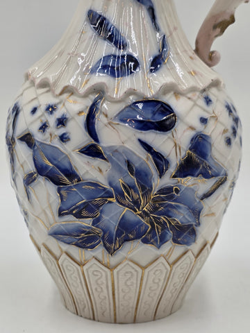 Antique 19th C Royal Worcester 1892 Porcelain Blue & Gold Floral Relief Pitcher