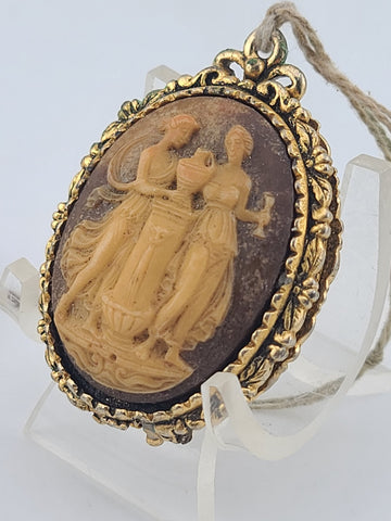 Rare Antique 19th C Victorian Glass Cameo Locket & Hair Pin Gilt Brass Classical