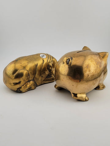 Lot Of 2 Vintage Collectible Heavy Brass Piggy Bank And Paperweight.
