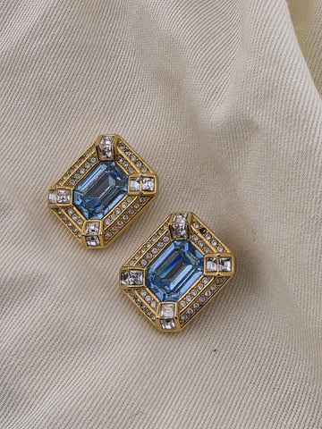 Vintage Christian Dior Blue Crystal Rhinestone Gold Tone Clip On EARRINGS Signed