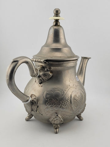 Vintage Antique Hand Made Silver Plated Moroccan Teapot With Feet. Stamped.