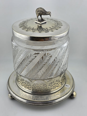 Rare 1880s Antique Hukin & Heath Biscuit Jar Cut glass & Silverplate W Kiwi Bird