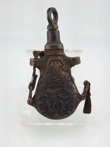 Rare 17-18th Century Heavy Bronze Powder Flask With Original Plug & Ring Hooks