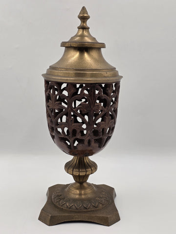 Rare Antique Solid Brass/Cast Iron Two-Tone Lidded Filigree Cut Decorative Urn