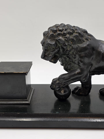 19th C Victorian Cast Iron Lion Double Inkwell Desk Set Antique Black Japanned.
