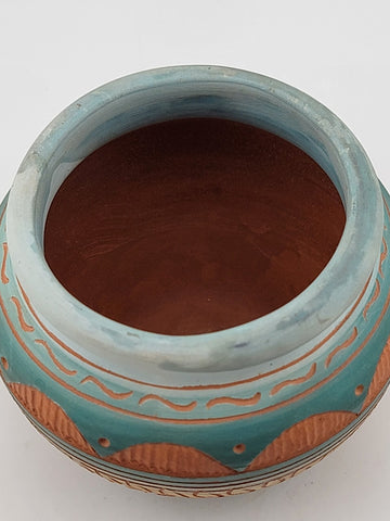 NAVAJO ENGRAVED RED CLAY POTTERY, GLAZED INSIDE VASE. *SIGNED T. TOM DINI "2000"