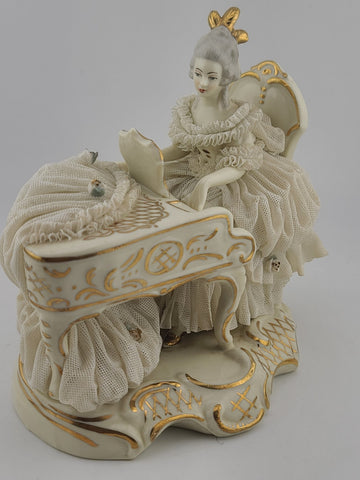 Antique Dresden Art Porcelain Lady at Grand Piano Figurine Lace Dress Germany