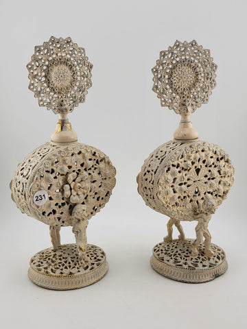 Antique Pair Of White & Gold Tone Metal Glass Hibiscus Filigree Perfume Decanter