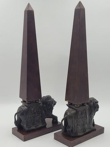 Rare 21" Wildwood Accents Bronze Lion Wood Obelisk Bookends Pair Neoclassical