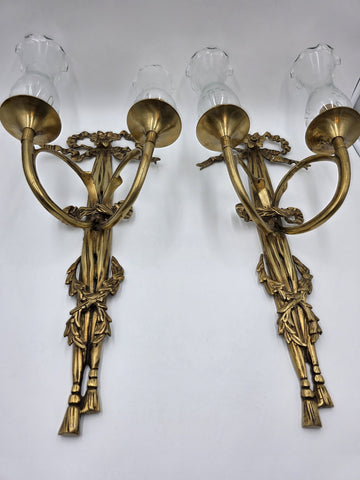 Pair Vintage Louis XVI Style French Ormolu Brass Wall Sconces w/ Etched Glass.
