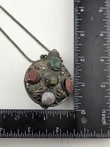 Antique 1900 Imperial Russian Brass & Stone Perfume Bottle Vial Pendant Necklace