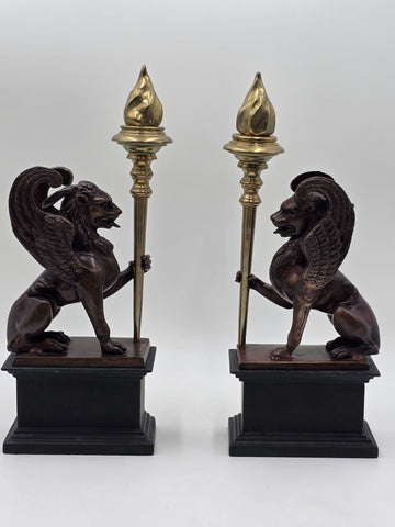 Rare Pair of Antique Late 19th C Heavy Bronze Griffin bookends/ Candleholders.