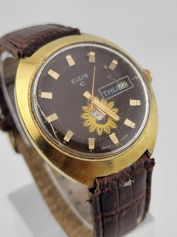 1970s ELGIN Gold Tone Automatic Watch Day Date 17 Jewels 352 Caliber SWISS Works