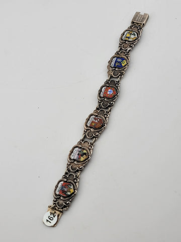 Vintage Silver Pewter &Enamel Souvenir Bracelet Spain & Portugal Shield Flags 8"