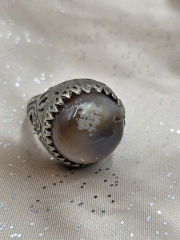 Antique Persian Islamic Silver Agate Men's Ring Ornate Middle Eastern Size 9