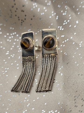 Rare Antique 1930's Sterling 925 Tiger Eye Tassel Drop Earrings Modernist Fringe
