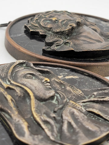 Rare One Of Kind Antique Jesus & Mary Wall Hanging Bronze & Green Marble Plaques