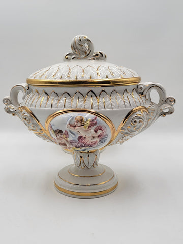 Set Of 2 Keramos Capodimonte Italy Cherub Centerpiece Vase Lidded Pedestal Bowls