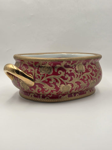 Antique XL Chinese handpainted Red porcelain 24kt gold Oval Footbath, Jardiniere