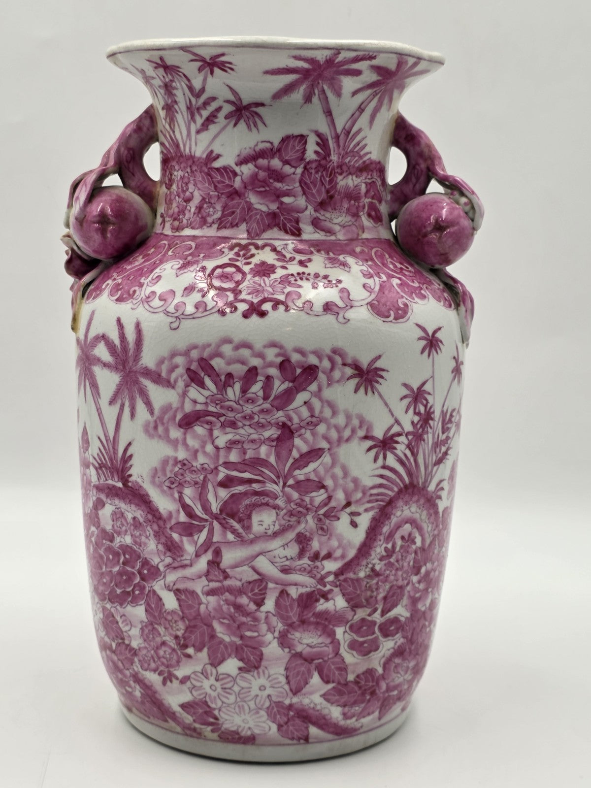 Vintage Chinese Porcelain Pink Chinoiserie Vase w Pommegranate Flowered Handles