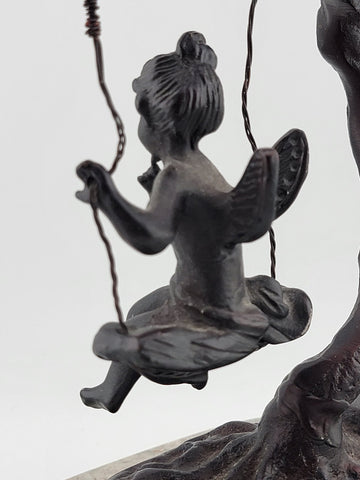 Antique Bronze Statue After Moreau Angel Swinging from Tree On A Marble Base.