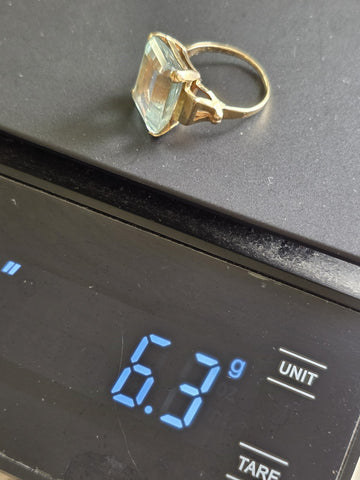 Vintage 1960's 14K Solid Gold Large Emerald Cut Blue Topaz Ring Sz 7.25 Cocktail