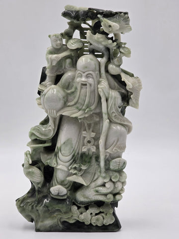 Chinese Hand Carved Natural Jadeite Jade Shou Xing Longevity Immortal Statue 12"