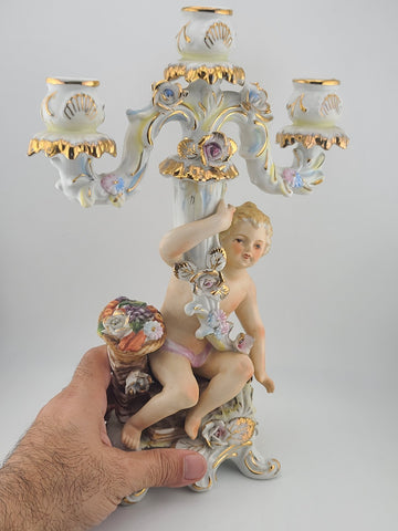 Early 20th C Italian OM Porcelain Cherub Figural 3-Light Candelabra Rococo Style